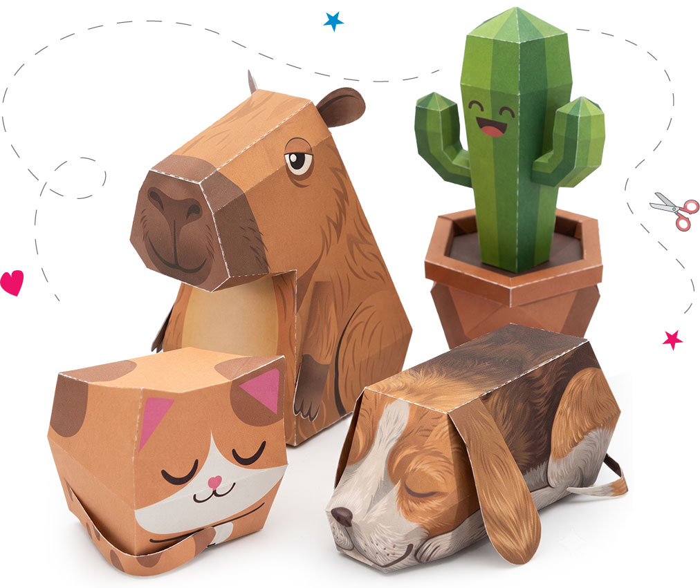 Modelos de papel PaperTok: capibara, cactus, gatito y perrito